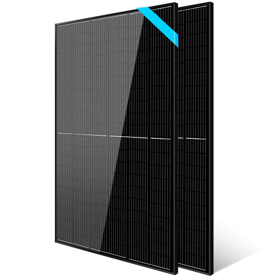 Two upright, overlapping Sungold Power monocrystalline panels feature black, rectangular designs with efficient PERC cells in a grid pattern. One panel has a shiny surface and a blue diagonal stripe in the top right corner.