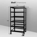 The Sungold Power black metal shelf unit features four tiers and wheels, perfect for battery storage in off-grid solar systems. Dimensions: 39.4 H x 19.7 W x 17.7 D. “Shelf Dimensions” shown at the top.