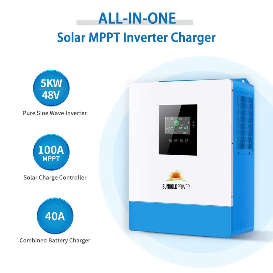 A Sungold Power white and blue solar MPPT inverter charger is displayed with a specs sheet showing its 5KW 48V pure sine wave inverter, 100A MPPT solar charge controller, and 40A combined battery charger features.