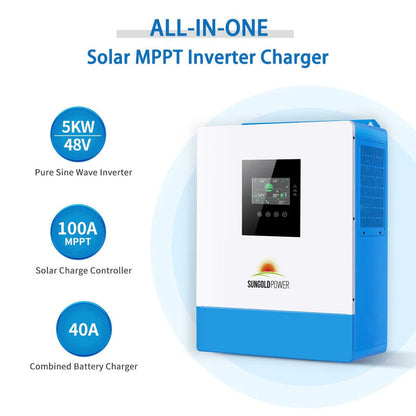 A Sungold Power white and blue solar MPPT inverter charger is displayed with a specs sheet showing its 5KW 48V pure sine wave inverter, 100A MPPT solar charge controller, and 40A combined battery charger features.