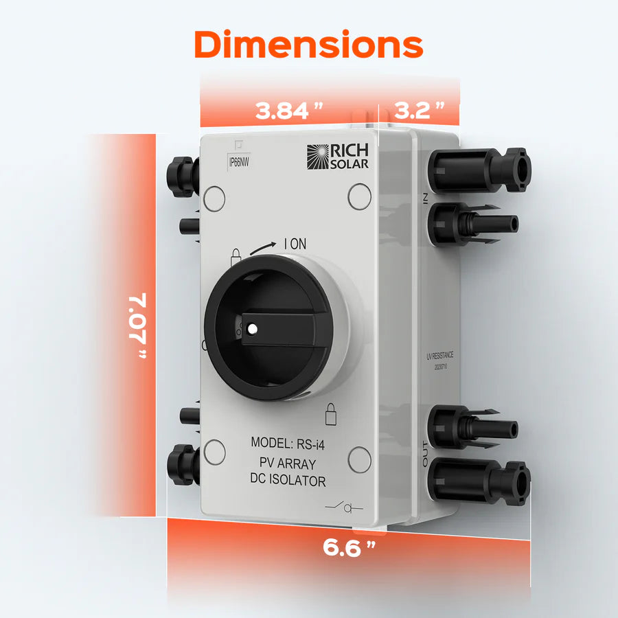 The Rich Solar PV array DC isolator switch, ideal for off-grid solar kits, features labeled dimensions of 3.84 width, 3.2 depth, 7.07 height, and 6.6 length with a gray body and black ON/OFF dial.