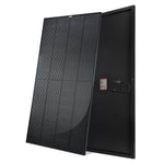 Two black rectangular Rich Solar panels are shown: one displays the front with solar cells under anti-reflective glass, while the other shows the back with connection cables and an attached electrical box.