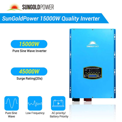 SUNGOLD POWER OFF-GRID 15,000W SOLAR KIT 48VDC 120V/240V OUTPUT LIFEPO4 20.48KWH LITHIUM BATTERY 18 X 415 WATTS SOLAR PANELS SGR-15K20E