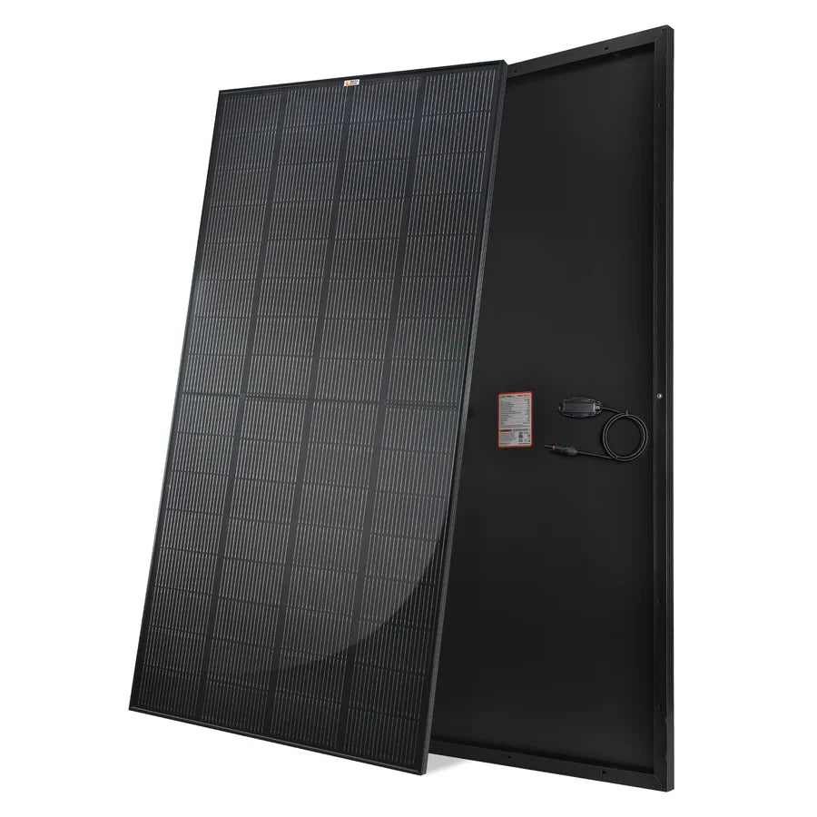 Two black Rich Solar panels are shown: one faces forward, displaying its grid-like solar cell layout under anti-reflective glass; the other is turned to reveal a smooth back with attached cables and a small connection box.