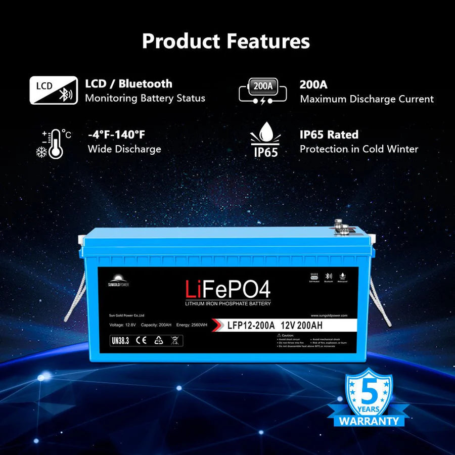 A blue Sungold Power 12V 200Ah LiFePO4 Battery is shown with icons for LCD/Bluetooth, -4°F to 140°F working range, Advanced BMS, 200A max discharge, IP65 waterproof rating, and a 5-year warranty badge.