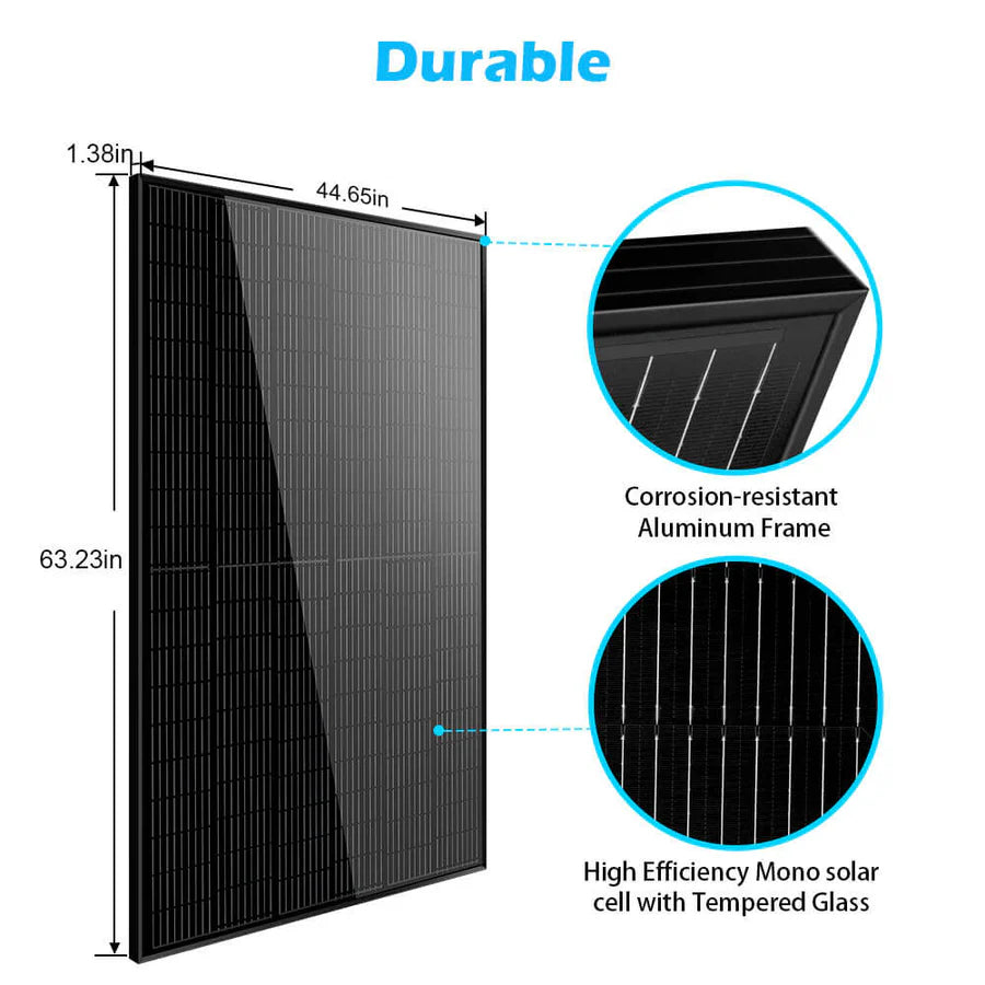The Sungold Power black solar panel (63.23 x 44.65 x 1.38 in) is ideal for off-grid systems, featuring a corrosion-resistant aluminum frame and high-efficiency monocrystalline cells with tempered glass. Durable is highlighted above the panel.