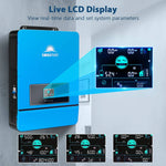 A Sungold Power blue solar inverter (8K-10KW, split phase) with a live LCD display is wall-mounted, showing real-time system data. Four close-up screens below it present various energy readings and settings.