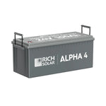 A gray rectangular Rich Solar LiFePO4 battery, labeled ALPHA 4, has black side handles and white lid text showing 12V 100Ah. It comes with a 5-year warranty.
