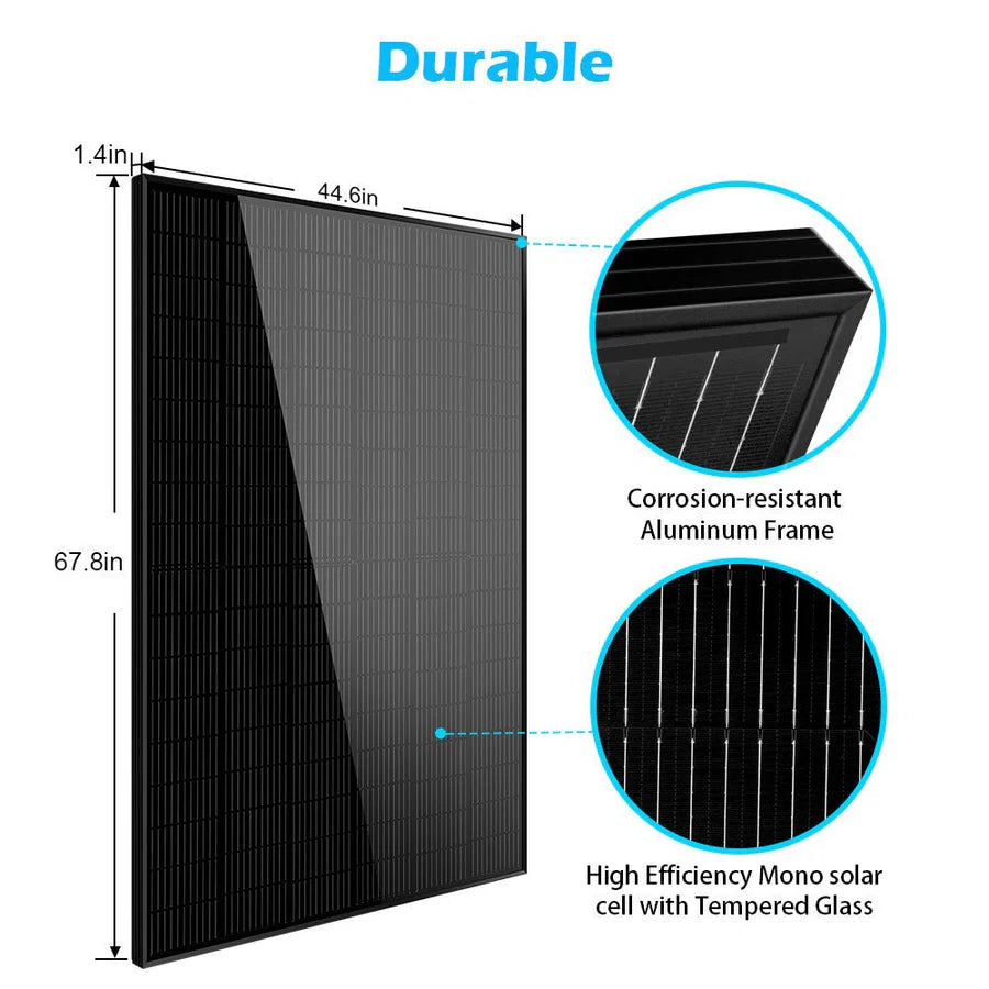 A black Sungold Power solar panel (67.8x44.6x1.4) is shown. Insets highlight its corrosion-resistant aluminum frame and high-efficiency monocrystalline cells with tempered glass—great for off-grid use. Durable appears at the top.