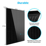A Sungold Power black solar panel measuring 67.8 x 44.6 x 1.4 features a corrosion-resistant aluminum frame and high efficiency mono cells—perfect for any clean energy solar kit.