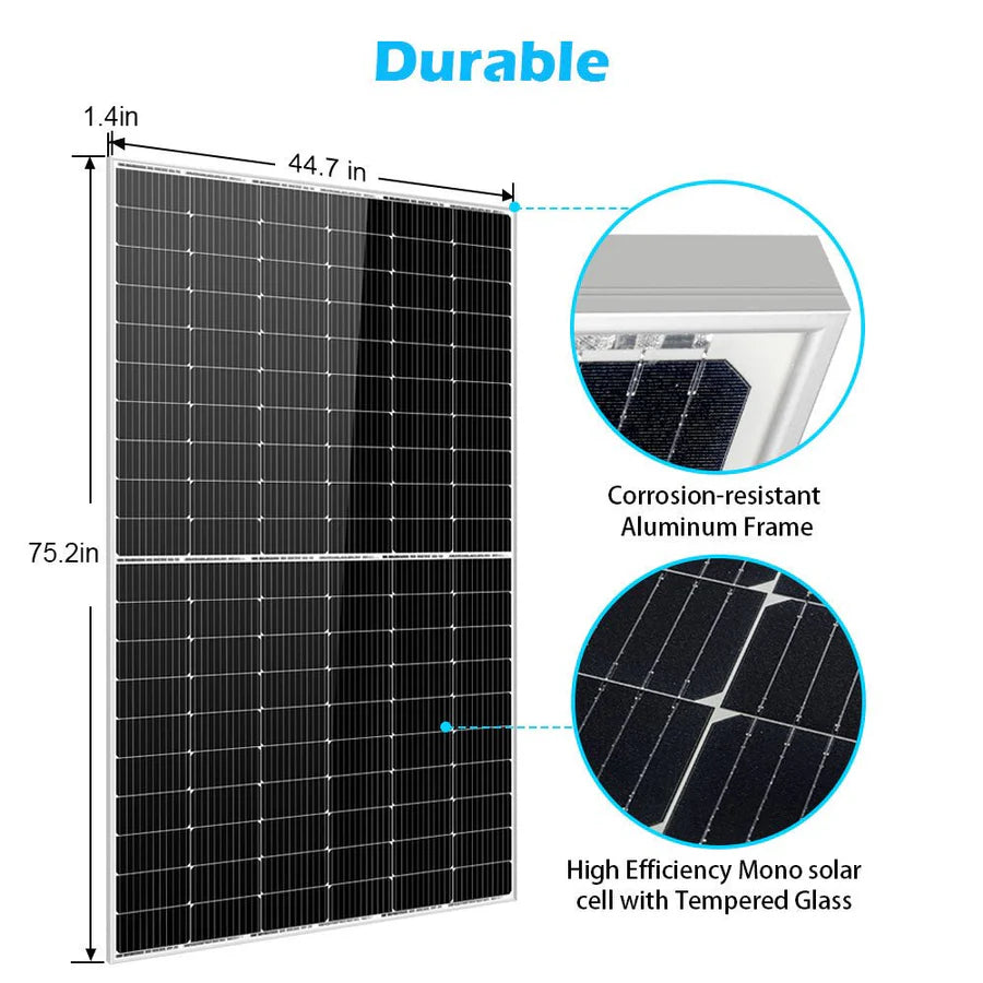 Diagram of the Sungold Power 450W Monocrystalline Solar Panel (75.2 x 44.7 x 1.4 in), featuring a corrosion-resistant aluminum frame, high-efficiency cells, and tempered glass—ideal for Lifepo4 batteries or an 8000W solar inverter.