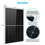 The Sungold Power solar panel measures 44.7 W x 75.2 H x 1.4 D, features a corrosion-resistant aluminum frame and high-efficiency monocrystalline cells—perfect for off-grid solar kits or use with solar inverters.