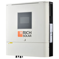 A white rectangular Rich Solar inverter with a digital display, side vents, bottom ports, and built-in Wi-Fi for monitoring; ideal for solar energy systems.