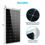 The Sungold Power rectangular monocrystalline solar panel (38.2 x 21.3 x 1.2 in) features close-ups of black silicon solar cells and an aluminum frame, highlighting tempered glass and corrosion resistance.
