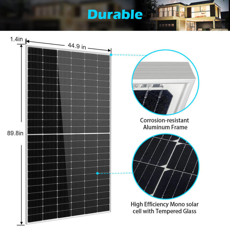 The Sungold Power large solar panel (89.8 x 44.9 in) has a corrosion-resistant aluminum frame, high-efficiency monocrystalline cells, and tempered glass—perfect for off-grid setups; close-up insets provided.
