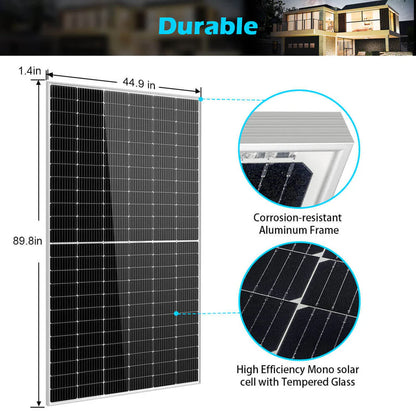 The Sungold Power large solar panel (89.8 x 44.9 in) has a corrosion-resistant aluminum frame, high-efficiency monocrystalline cells, and tempered glass—perfect for off-grid setups; close-up insets provided.