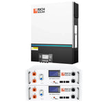 A Rich Solar pure sine wave inverter is mounted above two stacked Rich Solar 48V 100Ah LiFePO4 batteries, all with white cases featuring ports, displays, and detachable LCD control modules on the battery fronts.