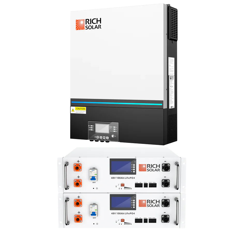 A Rich Solar pure sine wave inverter is mounted above two stacked Rich Solar 48V 100Ah LiFePO4 batteries, all with white cases featuring ports, displays, and detachable LCD control modules on the battery fronts.