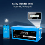 A Sungold Power blue 24V 100Ah LiFePO4 Battery is pictured with an LCD showing 13.2V and a smartphone displaying battery data, featuring Bluetooth connectivity, LCD monitoring, and an advanced Battery Management System (BMS).