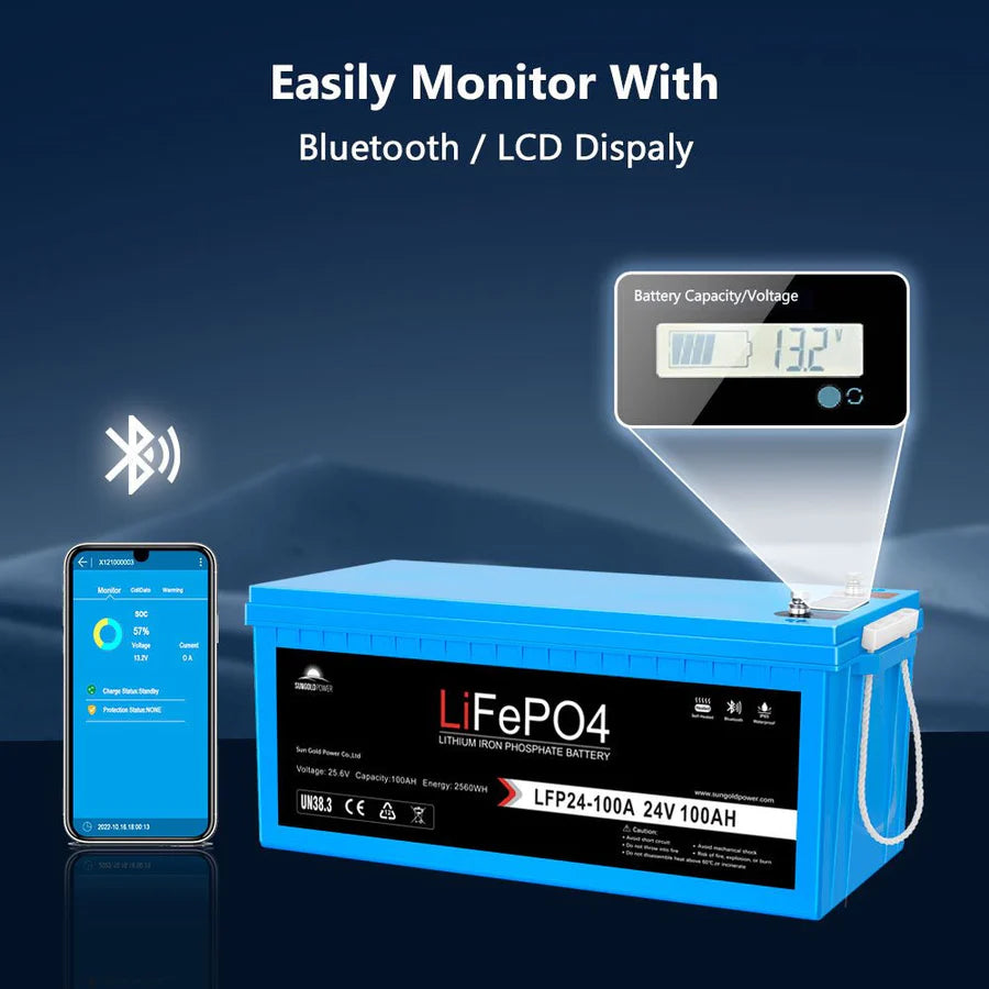 A Sungold Power blue 24V 100Ah LiFePO4 Battery is pictured with an LCD showing 13.2V and a smartphone displaying battery data, featuring Bluetooth connectivity, LCD monitoring, and an advanced Battery Management System (BMS).
