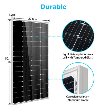 Diagram of the Sungold Power solar panel showing its 55.1 x 27.6 x 1.2 in dimensions and features, including high efficiency monocrystalline cells, tempered glass, and a corrosion-resistant aluminum frame for clean energy use.