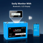 The Sungold Power blue 12V 100Ah LiFePO4 battery features a digital display (13.2V), Bluetooth symbol, smartphone data view, and advanced BMS for easy monitoring with LCD display and Bluetooth connectivity.