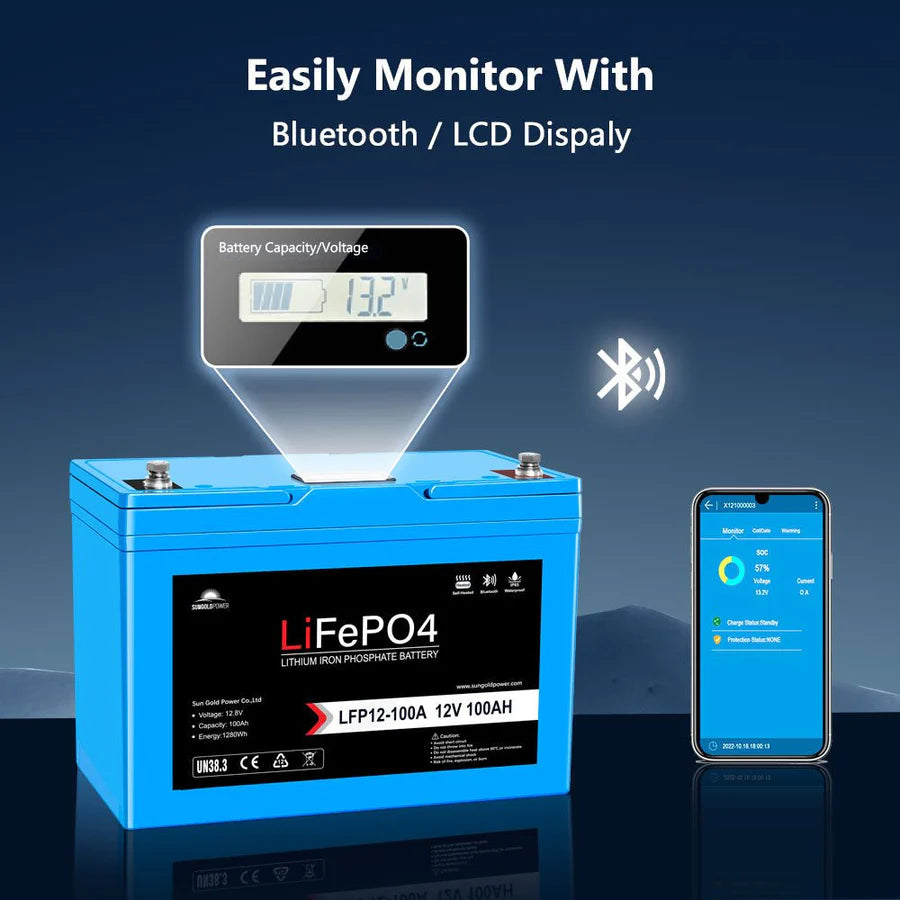 The Sungold Power blue 12V 100Ah LiFePO4 battery features a digital display (13.2V), Bluetooth symbol, smartphone data view, and advanced BMS for easy monitoring with LCD display and Bluetooth connectivity.