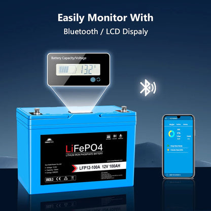The Sungold Power blue 12V 100Ah LiFePO4 battery features a digital display (13.2V), Bluetooth symbol, smartphone data view, and advanced BMS for easy monitoring with LCD display and Bluetooth connectivity.
