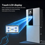 A hand touches an LCD screen projecting from a wall-mounted 11.4KW solar inverter. The screen shows system data, including energy output and usage statistics for the off-grid hybrid solar system. Text highlights the responsive touch LCD feature and its integrated information display.