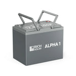 A gray Rich Solar ALPHA 1 LiFePO4 Battery, featuring two metal handles on top and labeled as a 12.8V 100Ah lithium battery, is shown against a white background.