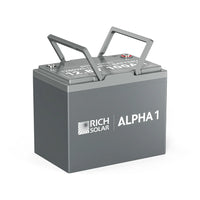 A gray Rich Solar ALPHA 1 LiFePO4 Battery, featuring two metal handles on top and labeled as a 12.8V 100Ah lithium battery, is shown against a white background.