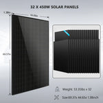 A stack of 32 black solar panels, each measuring 69.37 x 44.65 x 1.38 inches and weighing 53.35 lbs, is prominently displayed. The size and weight specifications are highlighted in text against a light background, styled with a modern font-family for clarity and enhanced with subtle box-shadow effects to create visual depth.