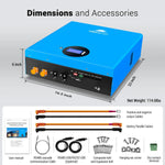 Sungold Power blue rectangular 51.2V 100AH LFP battery pack with display, front ports/buttons; 23x16.5x6, net weight 114.6 lbs. Ideal for energy storage; includes cables, manual, screws, and mounting hardware.