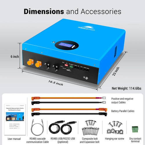 Sungold Power blue rectangular 51.2V 100AH LFP battery pack with display, front ports/buttons; 23x16.5x6, net weight 114.6 lbs. Ideal for energy storage; includes cables, manual, screws, and mounting hardware.