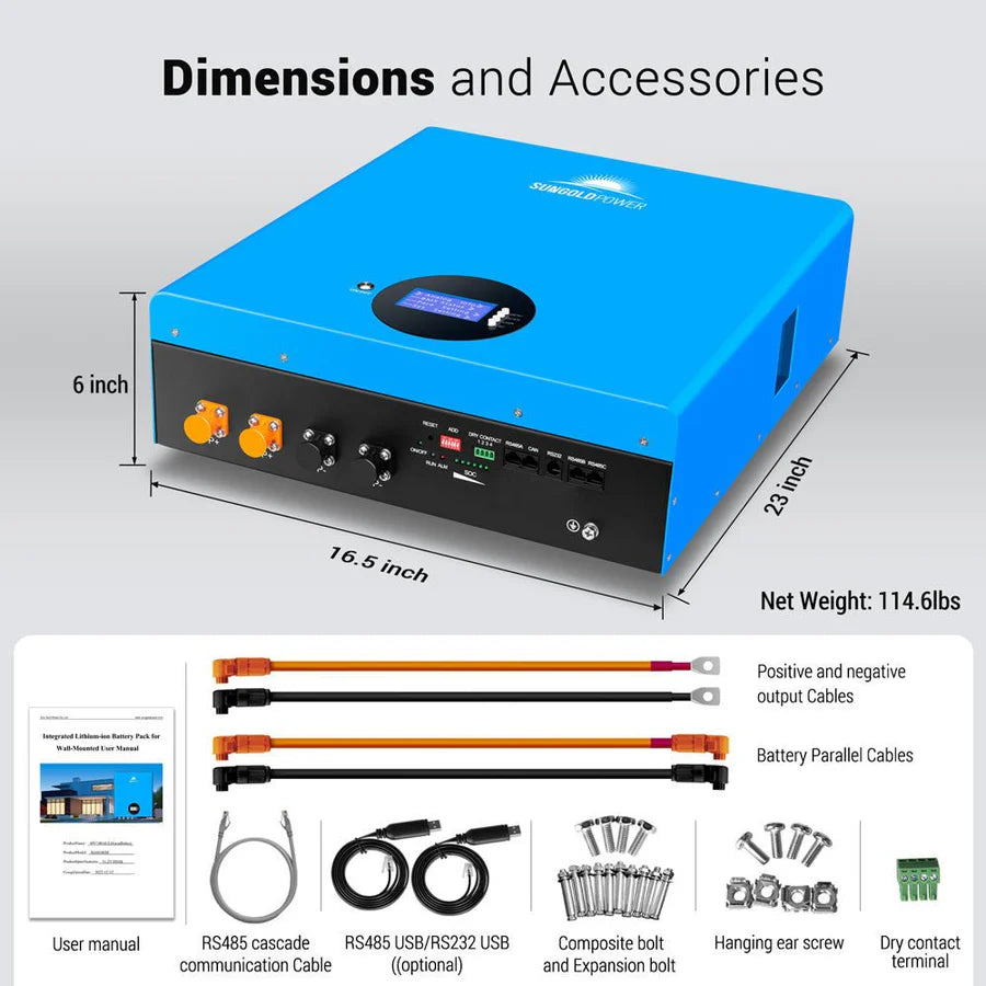 Sungold Power blue rectangular 51.2V 100AH LFP battery pack with display, front ports/buttons; 23x16.5x6, net weight 114.6 lbs. Ideal for energy storage; includes cables, manual, screws, and mounting hardware.