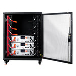 A black server rack cabinet with a mesh door displays three stacked Rich Solar LiFePO4 battery modules connected by orange cables, featuring digital displays and control panels—an advanced energy storage solution.