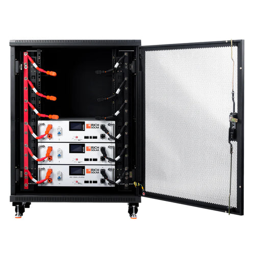 A black server rack cabinet with a mesh door displays three stacked Rich Solar LiFePO4 battery modules connected by orange cables, featuring digital displays and control panels—an advanced energy storage solution.