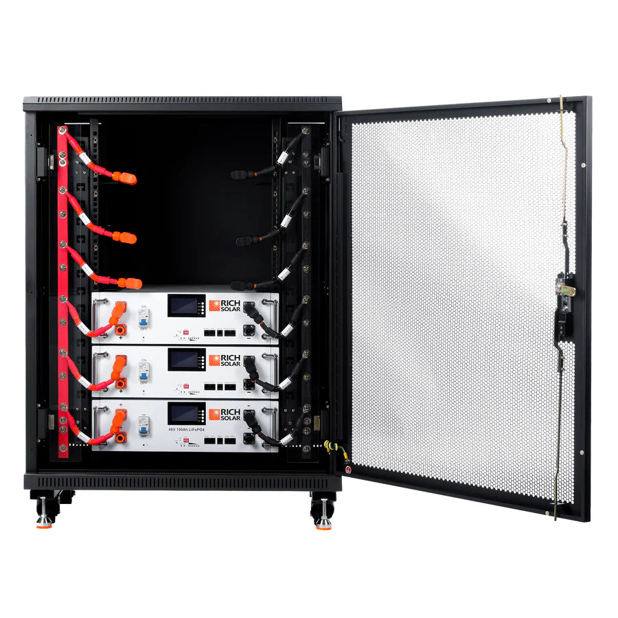 A black server rack cabinet with a mesh door displays three stacked Rich Solar LiFePO4 battery modules connected by orange cables, featuring digital displays and control panels—an advanced energy storage solution.