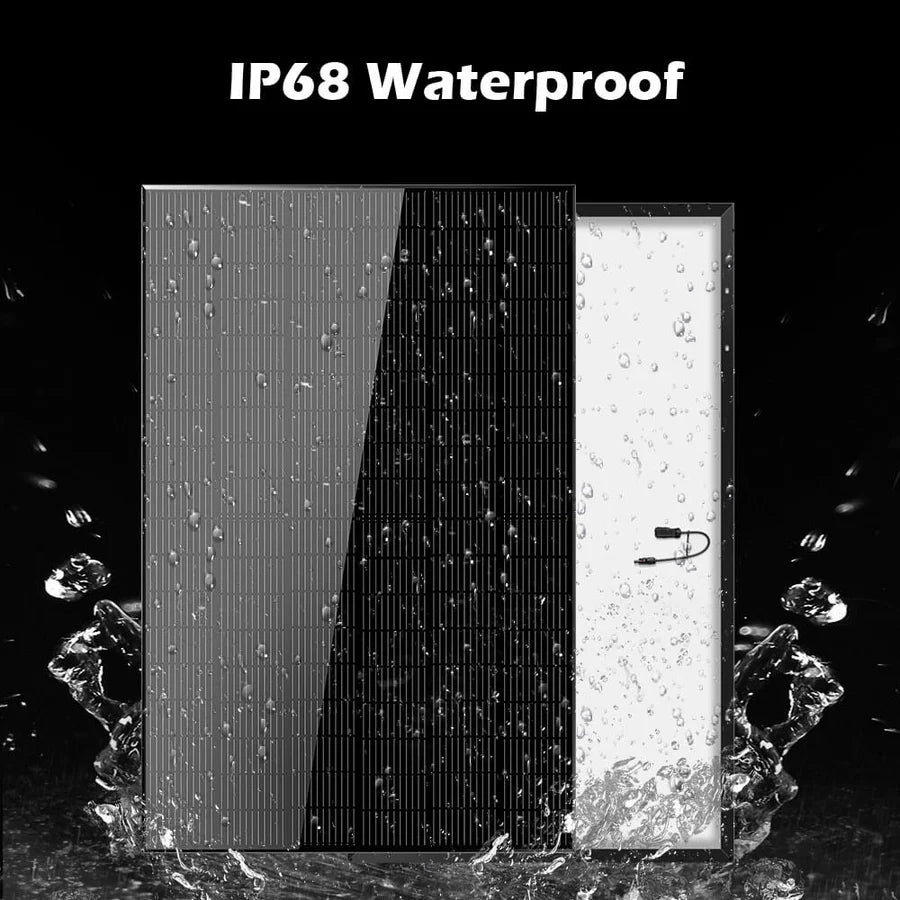 A Sungold Power solar panel from the SGR-5KE Solar Kit is shown with water splashing around it, demonstrating its IP68 waterproof rating. Both front and back views appear on a black background—ideal for off-grid and renewable energy use.