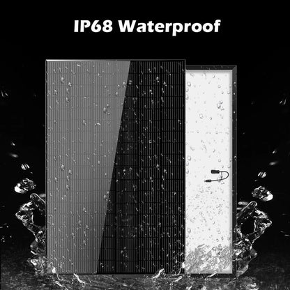 A Sungold Power solar panel from the SGR-5KE Solar Kit is shown with water splashing around it, demonstrating its IP68 waterproof rating. Both front and back views appear on a black background—ideal for off-grid and renewable energy use.