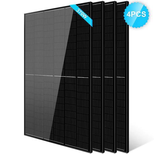 Four upright Sungold Power high-efficiency black PERC monocrystalline panels display a grid pattern, with a blue 370W label on the top panel and a blue badge reading 4PCS—perfect for off-grid solar setups.