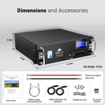 The Sungold Power rack-mounted 51.2V 100AH LFP lithium battery features a digital display, measures 19.3 W x 16.3 D x 5.5 H, weighs 93 lbs, and is ideal for energy storage systems; shown with accessories included.