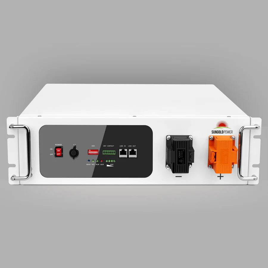 Front view of the Sungold Power SGH48100T, a white rack-mountable lithium battery with modular design, control panel, switches, indicator lights, communication ports, and large orange/black power connectors on gray background.