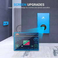 A modern room with two blue Sungold Power split-phase inverters on the wall. A digital graphic highlights a colorful screen displaying battery, grid, and load info—showcasing enhanced screens for inverters and remote controllers ideal for off-grid living.