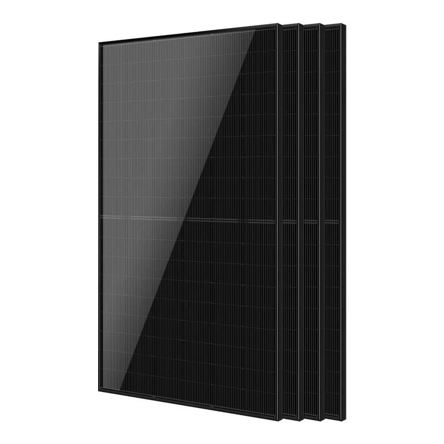 Four black solar panels are stacked together, slightly offset. The panels have a reflective surface and a grid-like pattern visible on each, with sleek edges that almost mimic the smooth border radius found in modern design.
