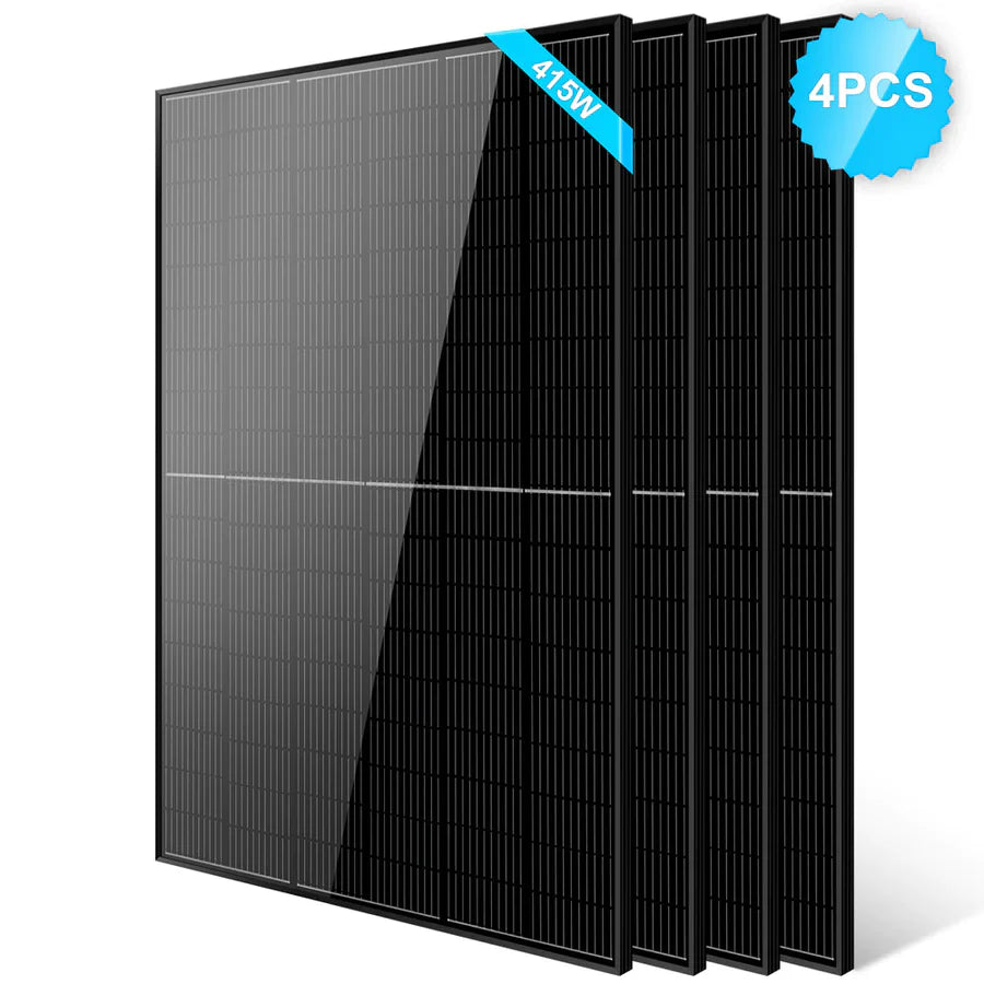 Four black Sungold Power Monocrystalline PERC solar panels stand upright, each featuring a blue 415W label and a 4PCS badge. These reflective panels with fine horizontal lines are ideal for off-grid systems.