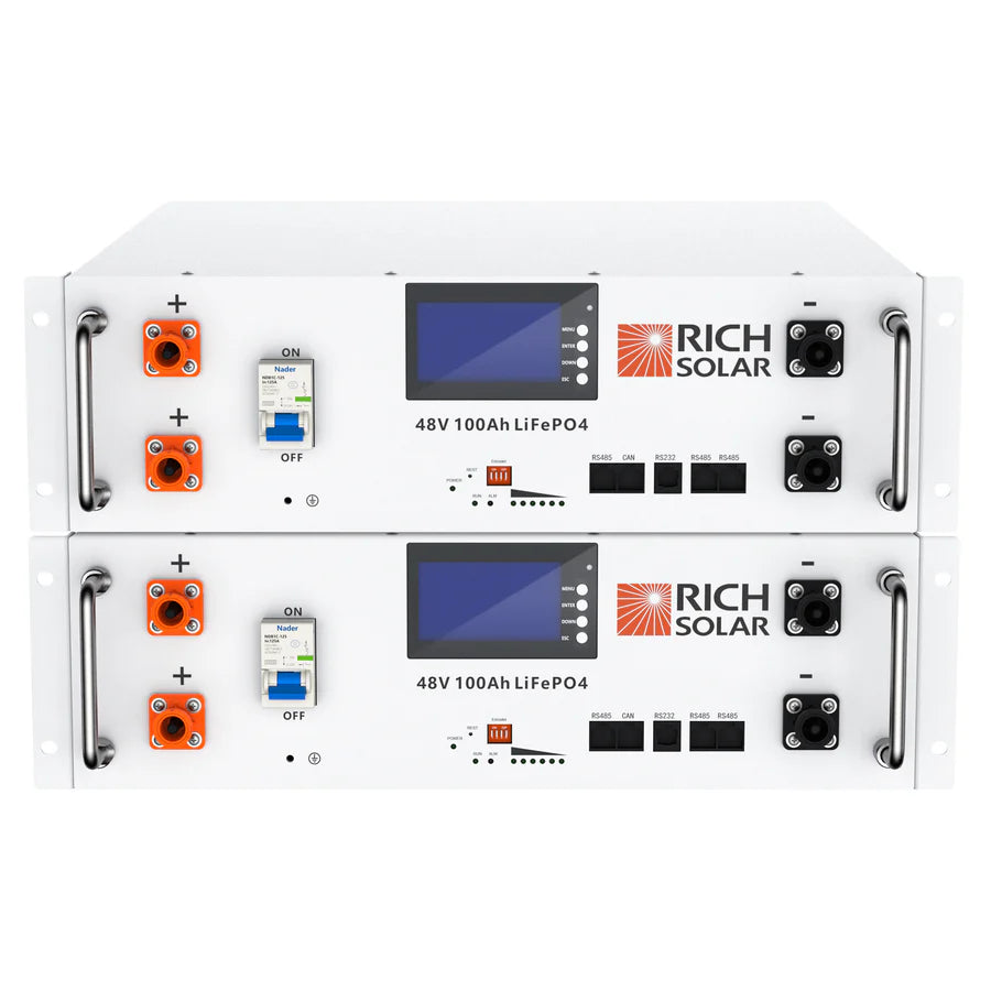 Two stacked Rich Solar 48V 100Ah LiFePO4 batteries with digital displays, control buttons, power sockets, and terminal connections, designed for rack mounting in green energy solar power systems.