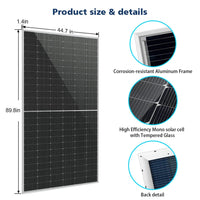 A high-quality solar panel from a trusted brand is shown, measuring 89.8 x 44.7 x 1.4 inches, with close-ups of its sturdy aluminum frame, monocrystalline cells protected by tempered glass, and detailed back design. The description includes all relevant content for SEO., highlighting product features and exact dimensions to help customers make an informed choice.