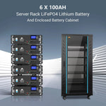 Six stacked black lithium battery storage units with digital screens are shown next to a tall, enclosed server rack cabinet; text highlights 6 X 100AH Server Rack LiFePO4 Lithium Battery, ideal for use with solar panels or as part of a Hybrid Solar Kit.