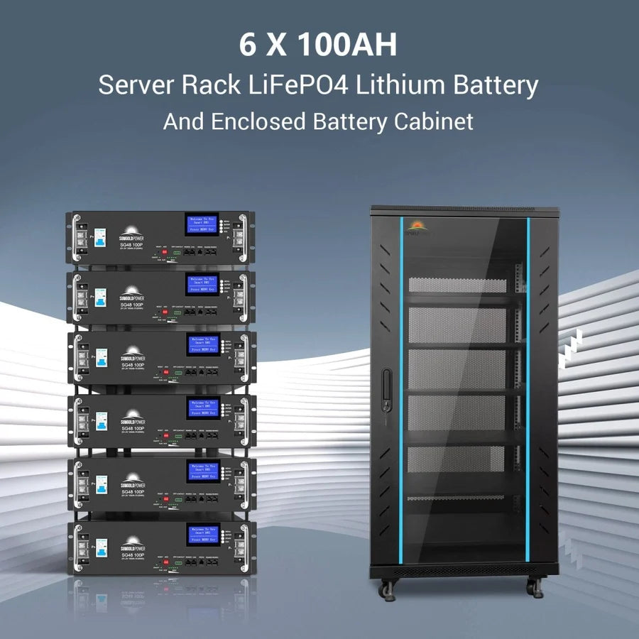 Six stacked black lithium battery storage units with digital screens are shown next to a tall, enclosed server rack cabinet; text highlights 6 X 100AH Server Rack LiFePO4 Lithium Battery, ideal for use with solar panels or as part of a Hybrid Solar Kit.